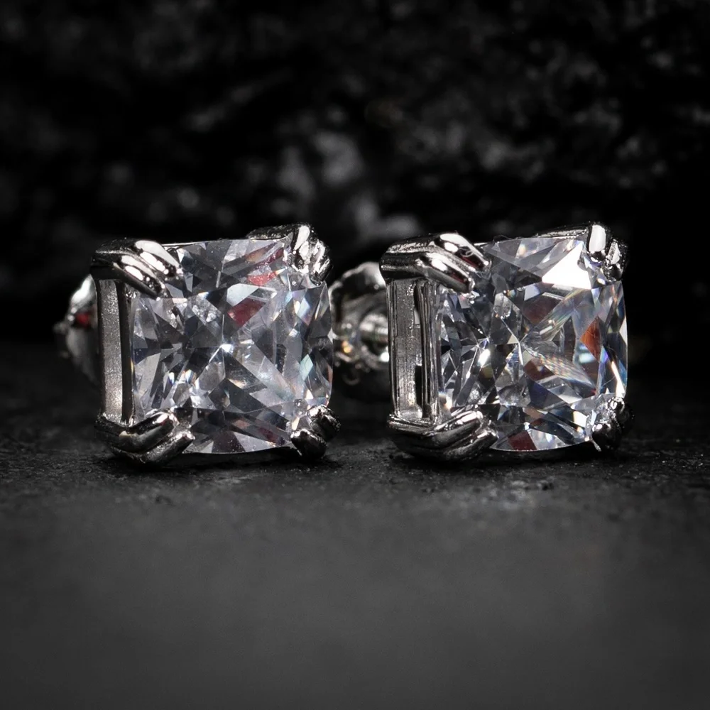 White Gold Plated 925 Sterling Silver Cushion Cut Screw Back Stud Earrin…